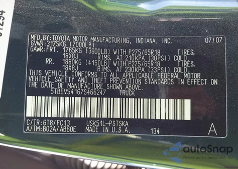 2007 Toyota Tundra Sr5 5.7L V8 из США, поврежденный, VIN 5TBEV54167S466247